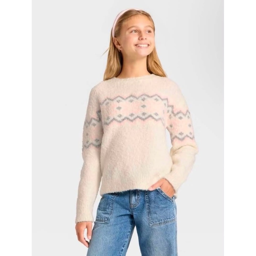 Art Class Girls XL 14/16 Fuzzy Fair Isle Sweater Cream Pink Grey Eyelash Knit